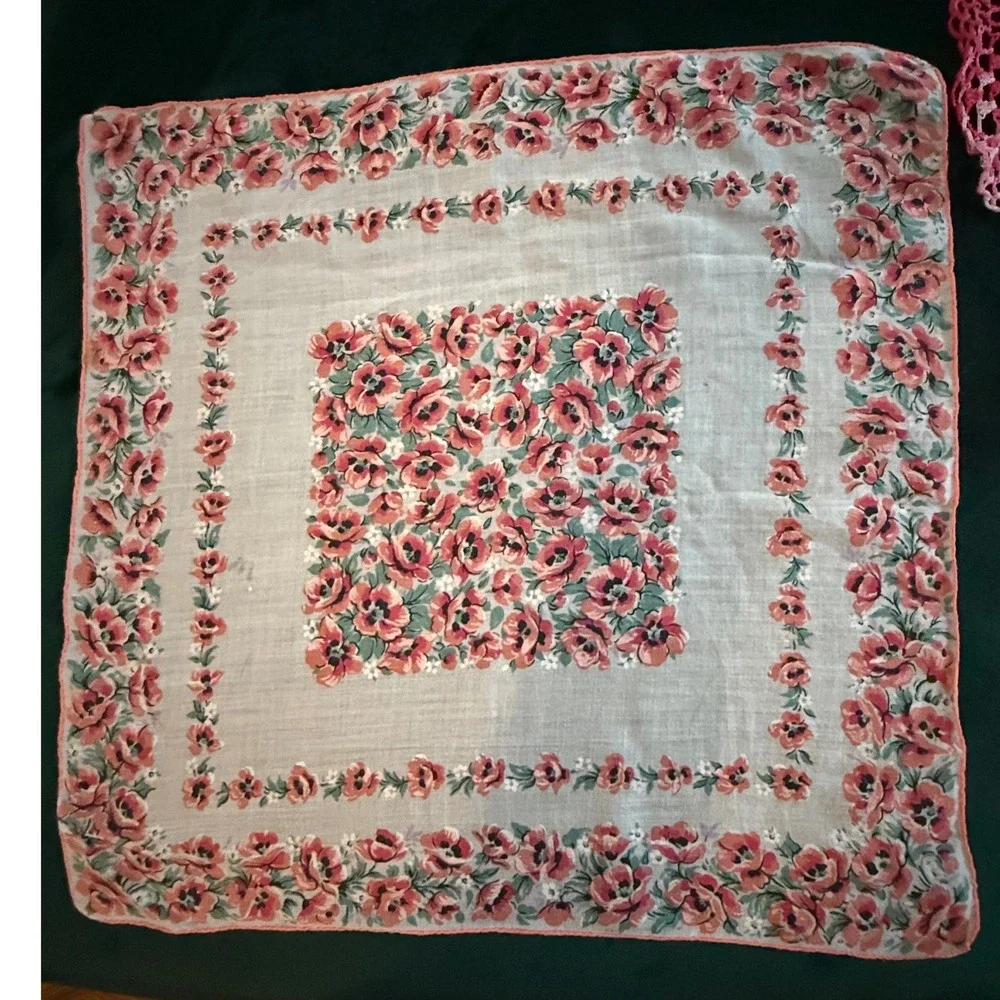 Vintage‎ Floral Handkerchief Set Pink White Lace Embroidered Cotton 3 Piece